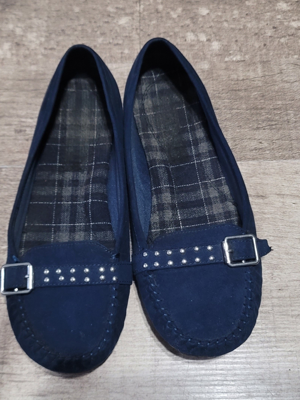 Navy Blue Studded Buckle Moccasin Flats